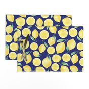 Large Scale Watercolor Lemons and Slices on Navy Burlap Linen Texture Background