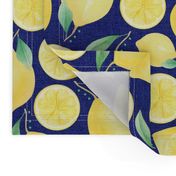 Large Scale Watercolor Lemons and Slices on Navy Burlap Linen Texture Background