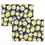 Large Scale Watercolor Lemons and Slices on Navy Burlap Linen Texture Background