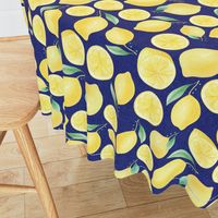 Large Scale Watercolor Lemons and Slices on Navy Burlap Linen Texture Background