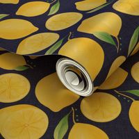 Large Scale Watercolor Lemons and Slices on Navy Burlap Linen Texture Background