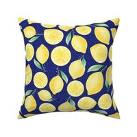 Large Scale Watercolor Lemons and Slices on Navy Burlap Linen Texture Background