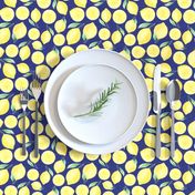 Medium Scale Watercolor Lemons and Slices on Navy Burlap Linen Texture Background