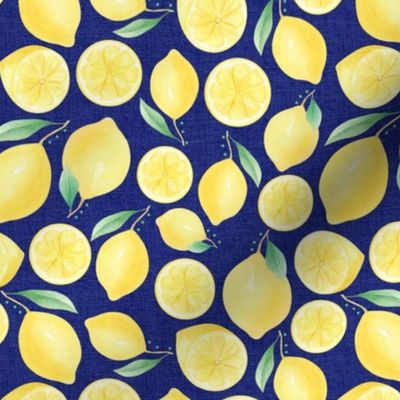 Medium Scale Watercolor Lemons and Slices on Navy Burlap Linen Texture Background
