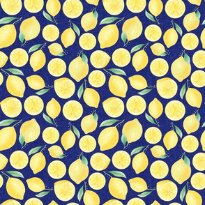 Medium Scale Watercolor Lemons and Slices on Navy Burlap Linen Texture Background