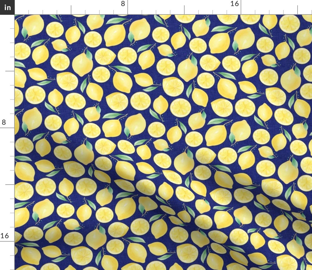 Medium Scale Watercolor Lemons and Slices on Navy Burlap Linen Texture Background