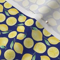 Small Scale Watercolor Lemons and Slices on Navy Burlap Linen Texture Background