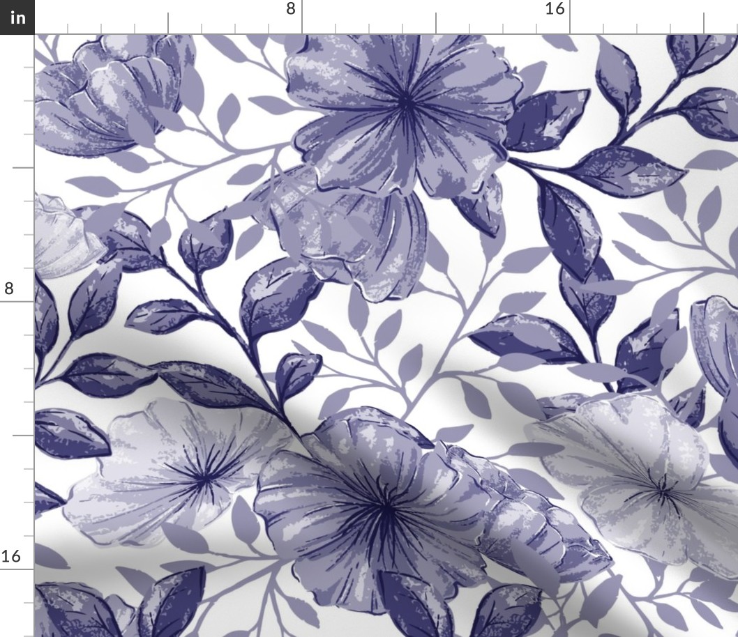 Bigger Scale Bold Morning Glories -  Chambray Blue Grey