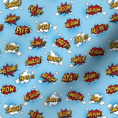 Comic book superhero words SMALL scale on blue