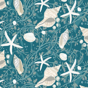 Seaweed, Seashells, White Starfish, on Dark Blue