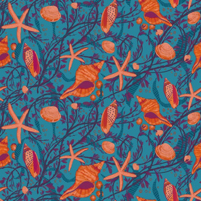 Hawaiin Print, Seaweed, Seashells, Starfish, Orange, Blue