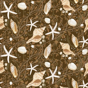 Seaweed, Shells, Starfish on Dark Brown