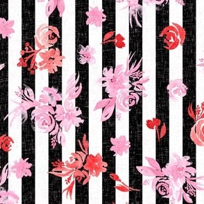 Watercolor pink and red florals on black and white stripes with linen texture overlayMedium scale