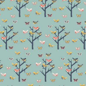 Green Fabric with Trees and Birds Design