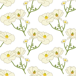 Floating Oriental Floral - cream on white, medium to large 