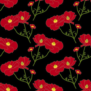 Floating Oriental Floral - red on black, medium to large 