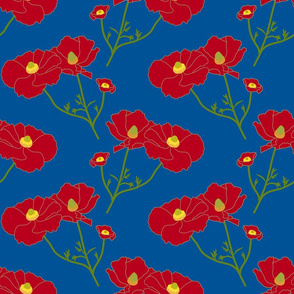 Floating Oriental Floral - red on classic blue, medium to large 