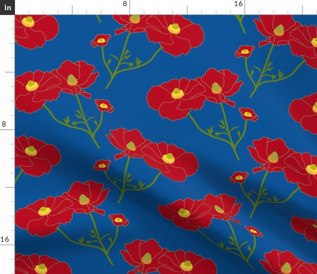 Floating Oriental Floral - red on classic blue, medium to large 
