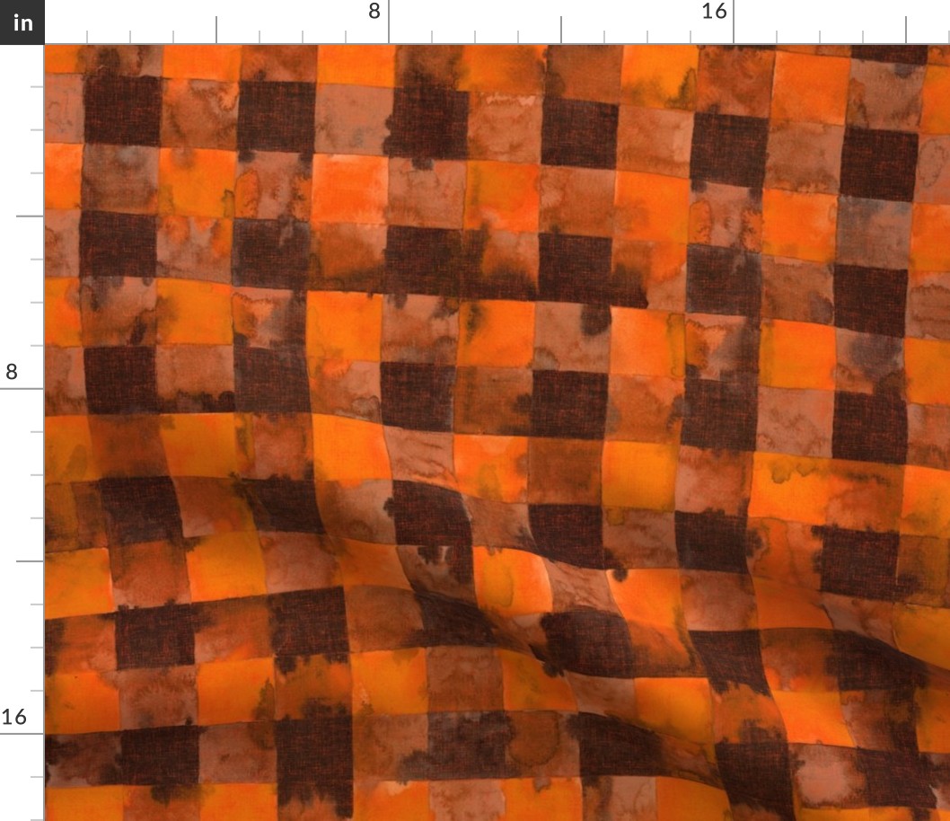 Lumberjack check orange black, buffalo Bill, watercolor with linnen texture