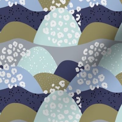 Little gritty mountains and hills water waves organic abstract landscape design scandinavian style spots olive green blue gray neural