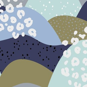 Little gritty mountains and hills water waves organic abstract landscape design scandinavian style spots olive green blue gray neural LARGE
