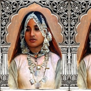 1 pink silver arch Indian lady woman south Asian Desi brown beautiful traditional dress cultural sari saree shari red veil maroon architecture gates doors floral flowers leaves swirls filigree necklace nose ring