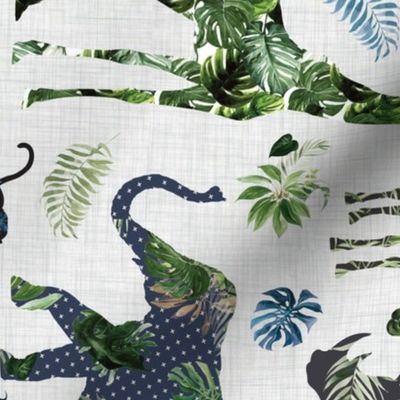 Tropical leaves patchwork safari animals on light gray linen background - rotated