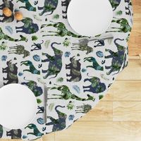 Tropical leaves patchwork safari animals on light gray linen background - rotated