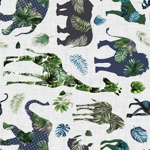 Tropical leaves patchwork safari animals on light gray linen background - rotated