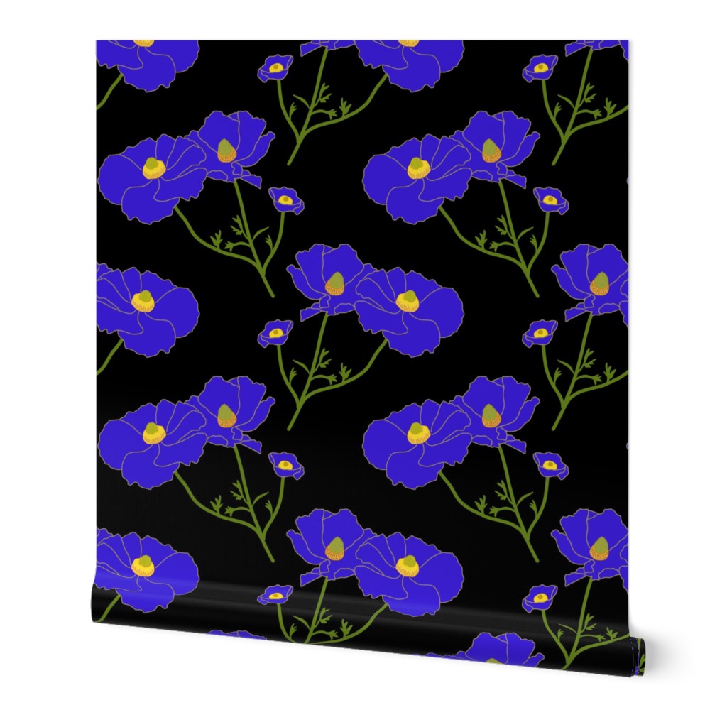 Floating Oriental Floral - sapphire on black, medium to large 