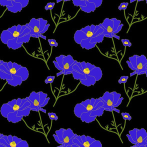 Floating Oriental Floral - sapphire on black, medium to large 