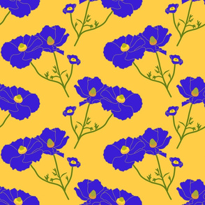 Floating Oriental Floral - sapphire on mustard yellow, medium to large 