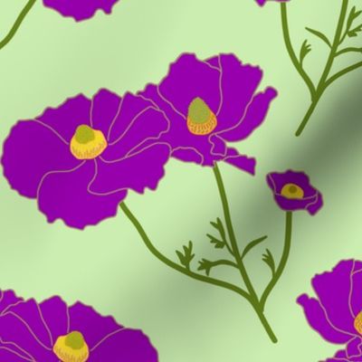 Floating Oriental Floral - violet on mint green, medium to large 