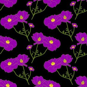 Floating Oriental Floral - violet on black, medium to large 