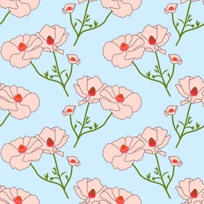 Floating Oriental Floral - blush pink on periwinkle, medium to large 