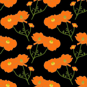 Floating Oriental Floral - pumpkin on black, medium to large 