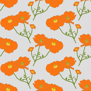 Floating Oriental Floral - pumpkin on silver grey, medium to large 