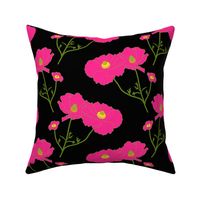 Floating Oriental Floral - hot pink on black, medium to large 