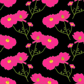 Floating Oriental Floral - hot pink on black, medium to large 