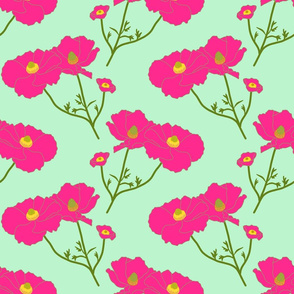 Floating Oriental Floral - hot pink on mint, medium to large 