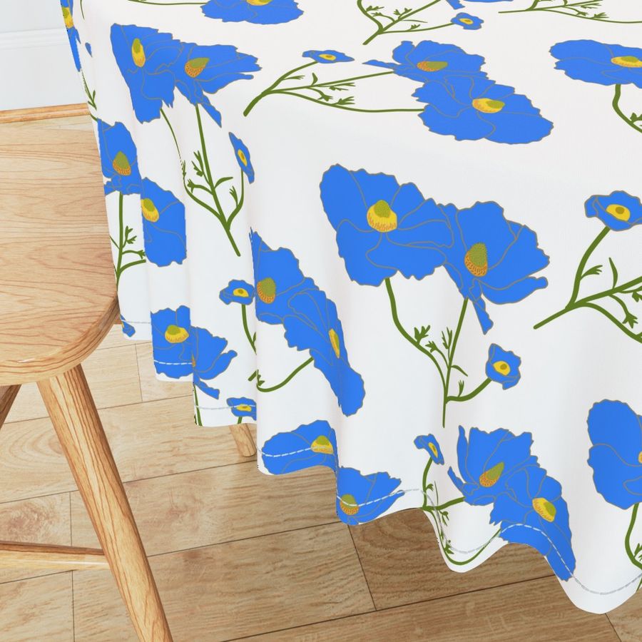 Floating Oriental Floral - cornflower on white, medium to large 