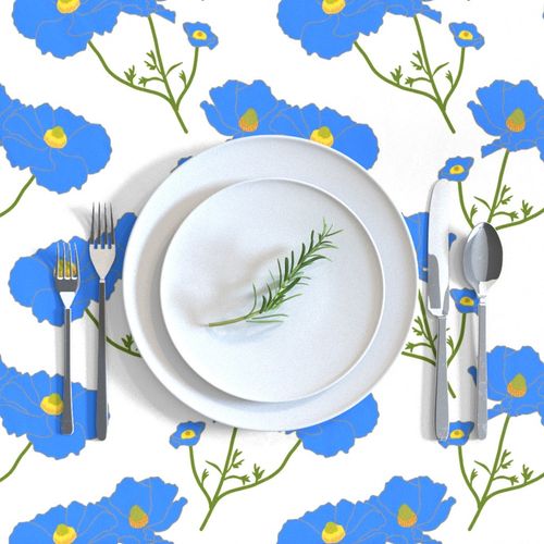 Floating Oriental Floral - cornflower on white, medium to large 