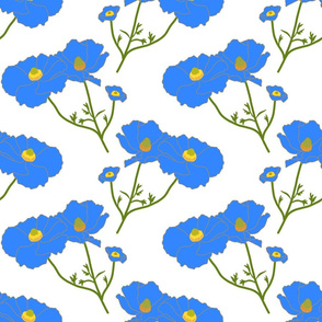 Floating Oriental Floral - cornflower on white, medium to large 