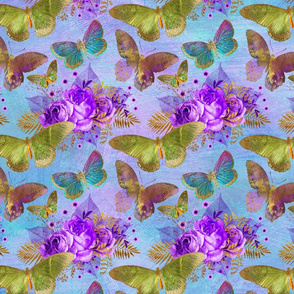 Green Butterfly Purple Rose Garden Pattern