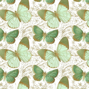 Green Butterfly White Floral Flower Blossom Pattern