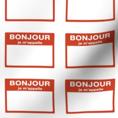 Cut-and-sew French 'bonjour je m'appelle' nametags in red
