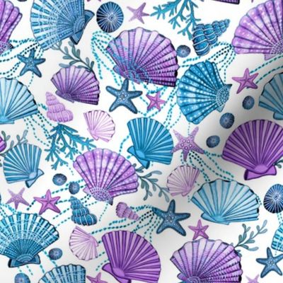 seashell and starfish with seaweed lilac, purple and  blue on white