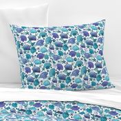 seashell and starfish with seaweed teal, purple and  blue on white