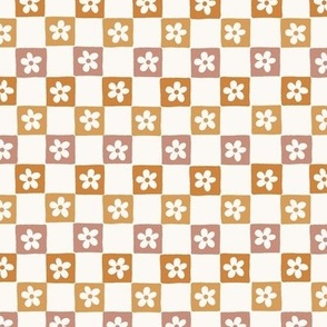 small retro checkerboard in baby pink, copper, gold with daisy flowers in off white, retro checks, modern checkerboard for girls