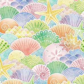 Rainbow Seashells Large Scale- Multicolored Shells- Pastel Colors- Summer at the Beach- Seaside Rainbow- Kids- Baby Wallpaper 